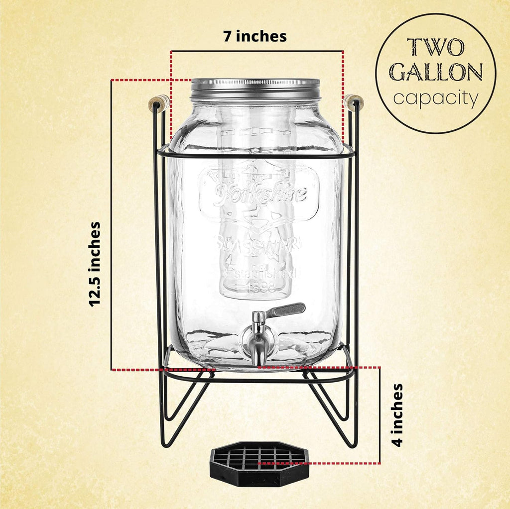 2 Gallon Glass Beverage Dispenser with Metal Wire Stand, Stainless Steel Spigot, Pack of 2 D572062