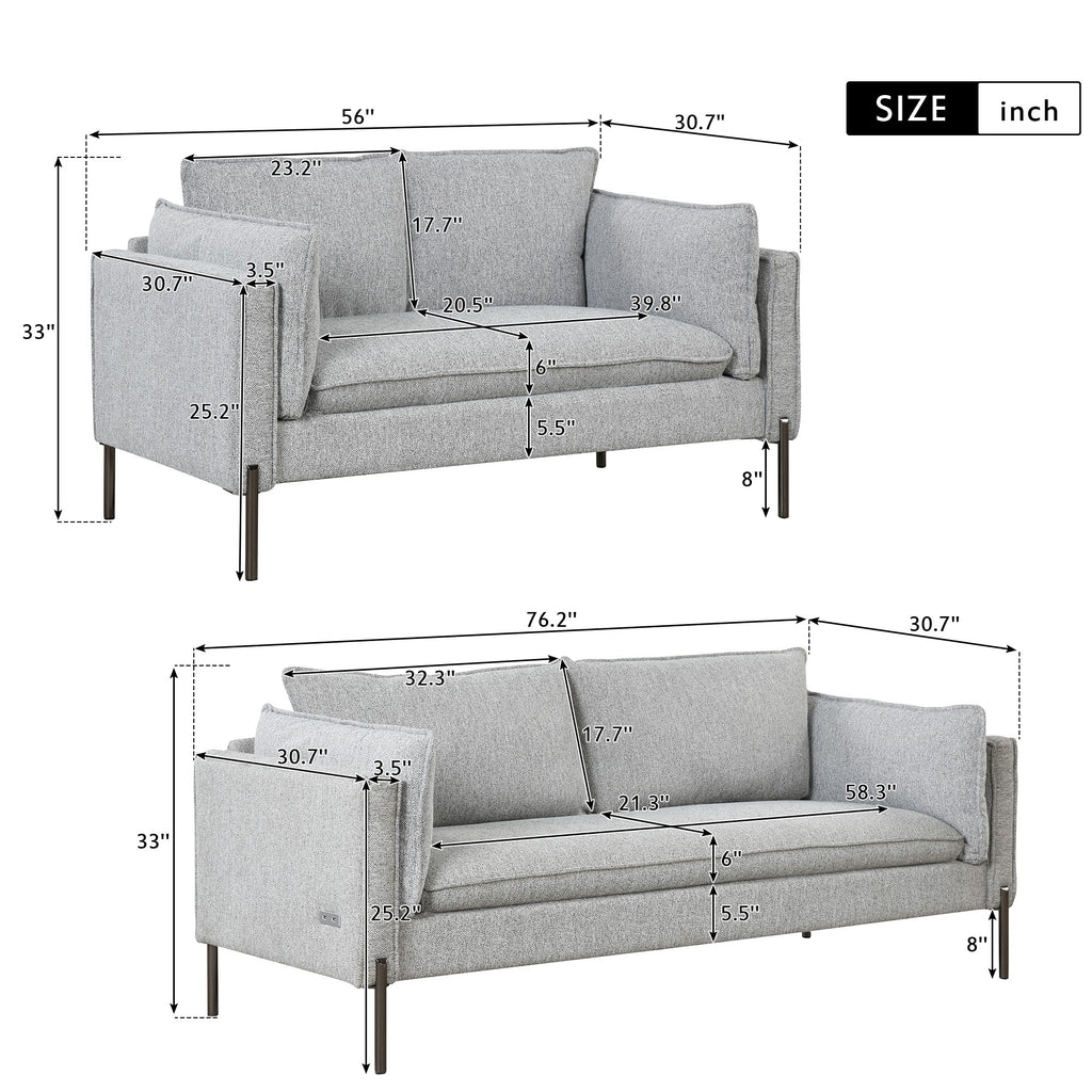 2 Piece Linen Sofa Set with Metal Legs D683