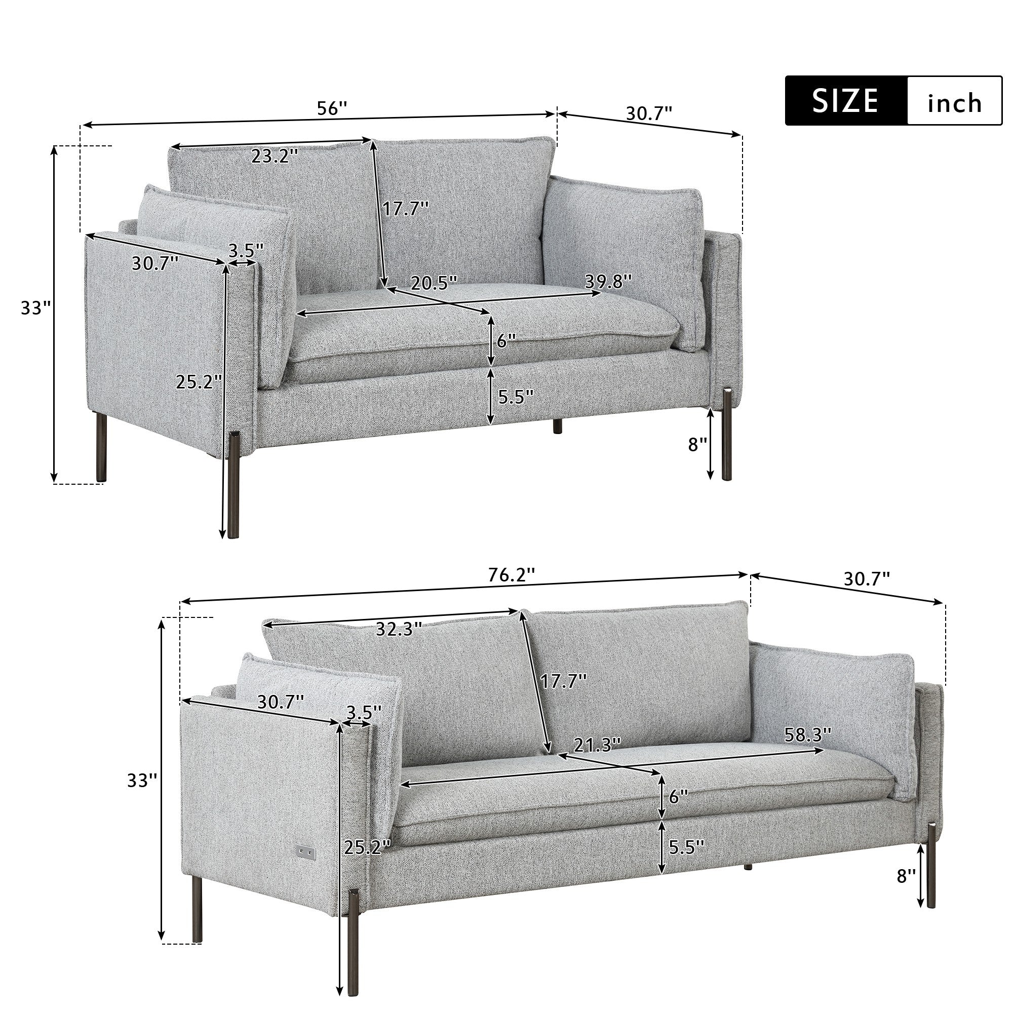 2 Piece Linen Sofa Set with Metal Legs D683