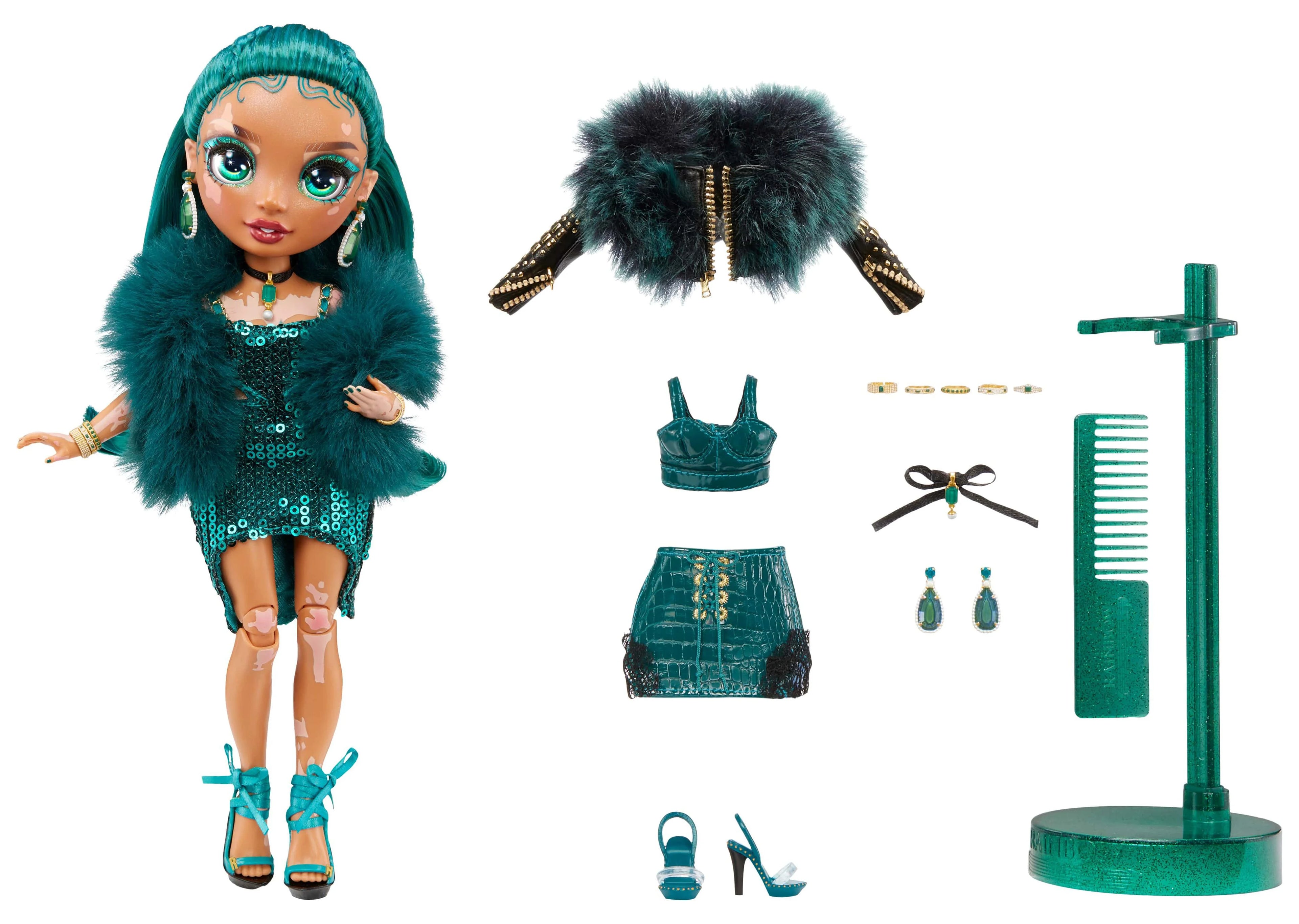 Emerald Green Fashion Doll with Vitiligo, 2 Designer Outfits with Accessories R365189