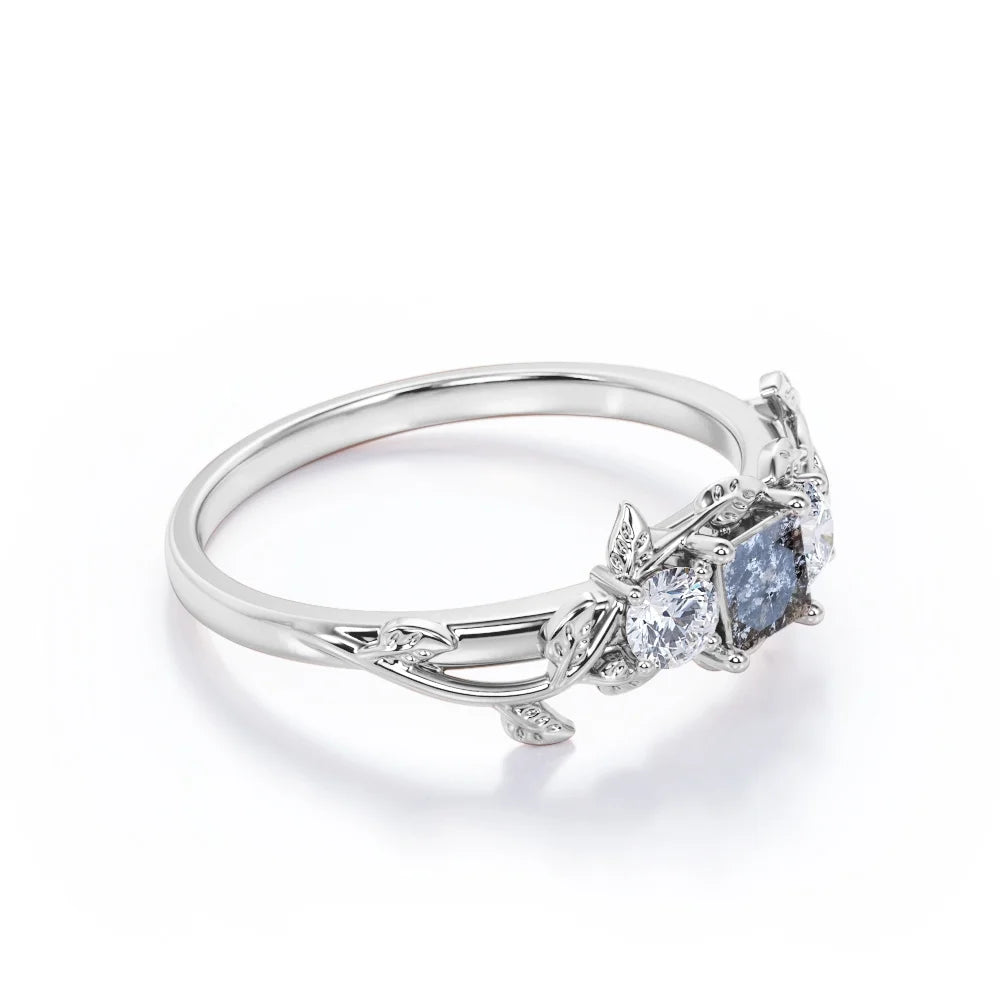 Three Stone Engagement Ring with Princess Cut Salt and Pepper Diamond and Moissanite F981468