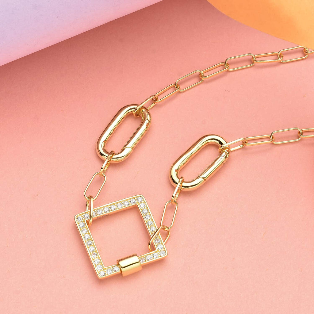 Diamond Enhancer Charm Necklace 925 Sterling Silver 14K Yellow Gold Plated Paperclip Chain Jewelry 18" Y392941