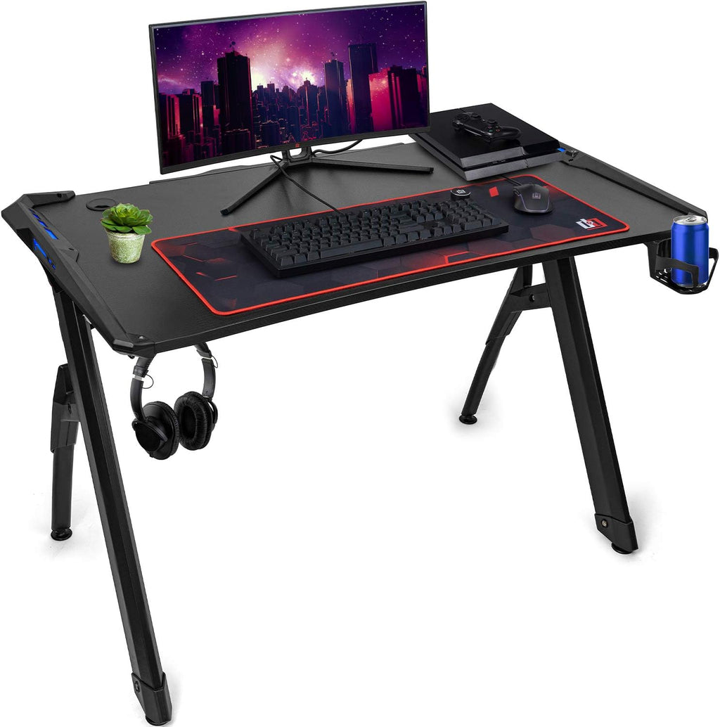 Ultrawide Curved LED Computer Desk, Waterproof Carbon-Fiber Surface, 6-Color RGB Lighting Accents, Cup Holder, 31.5 Mouse Pad E263