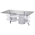 White High Gloss Lacquer Coffee Table with Glass Top and Stool Storage R424
