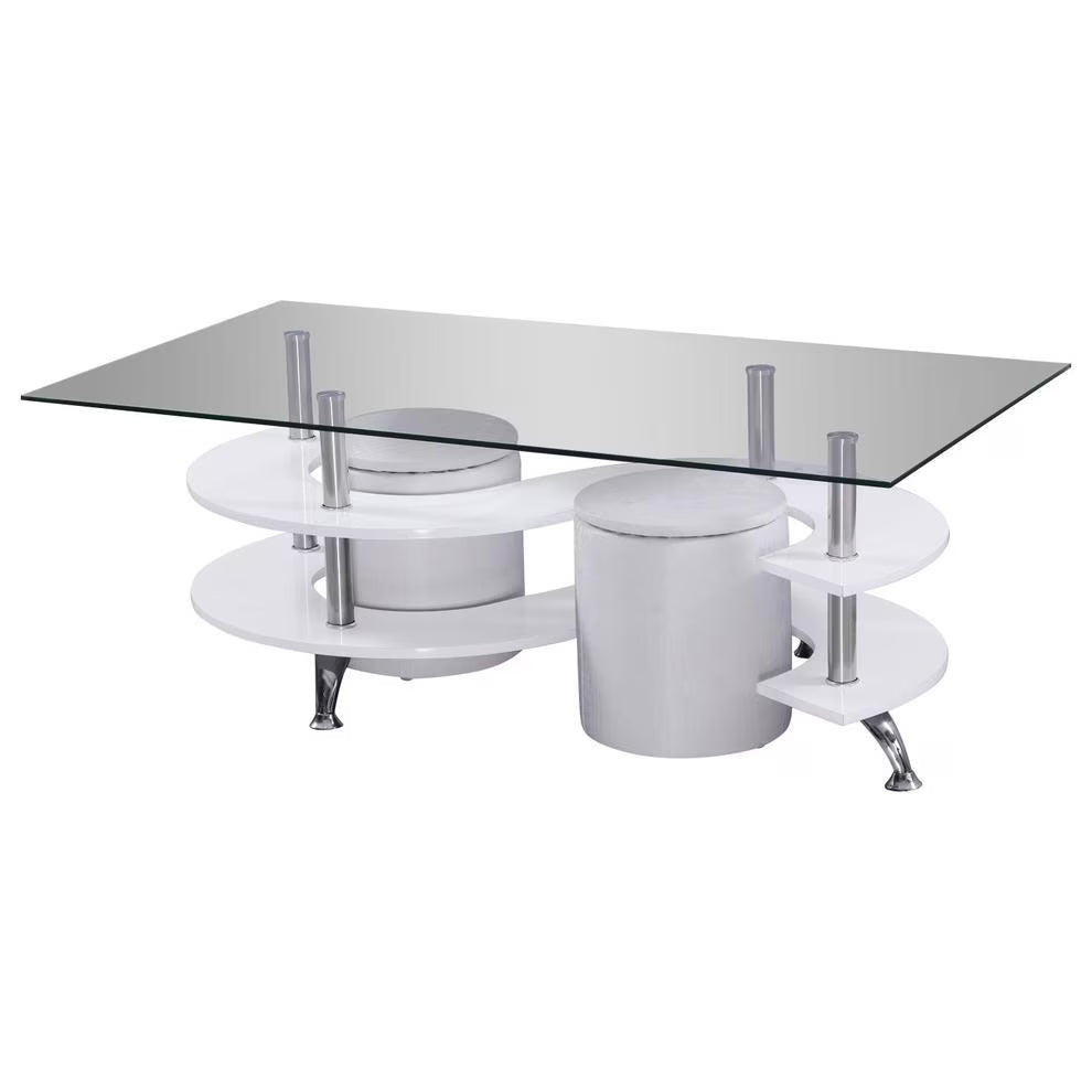 White High Gloss Lacquer Coffee Table with Glass Top and Stool Storage R424