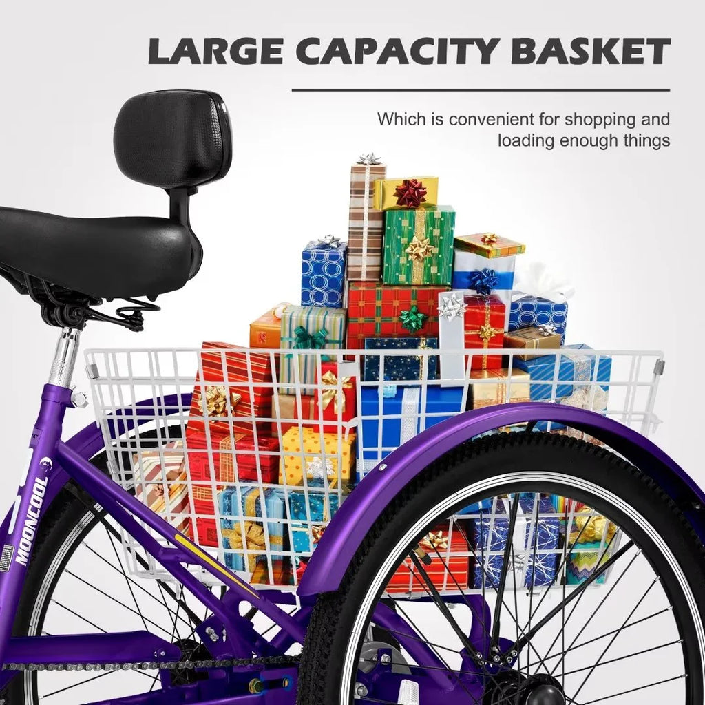 24"/26" Adult Tricycle Bike, 7 Speed 3-Wheel Bicycle, with Backrest & Shopping Basket Q94165