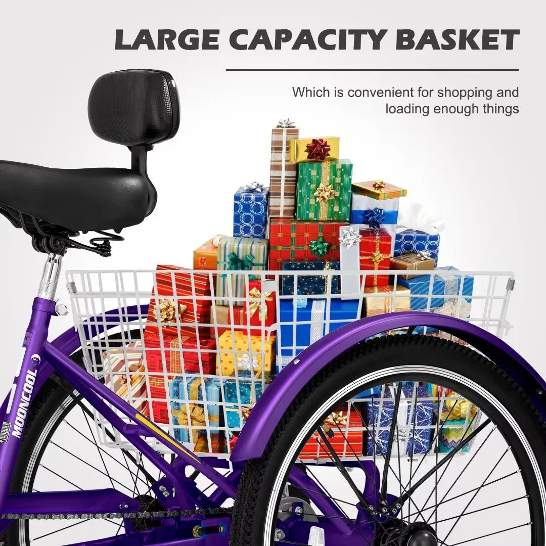 24"/26" Adult Tricycle Bike, 7 Speed 3-Wheel Bicycle, with Backrest & Shopping Basket Q94165