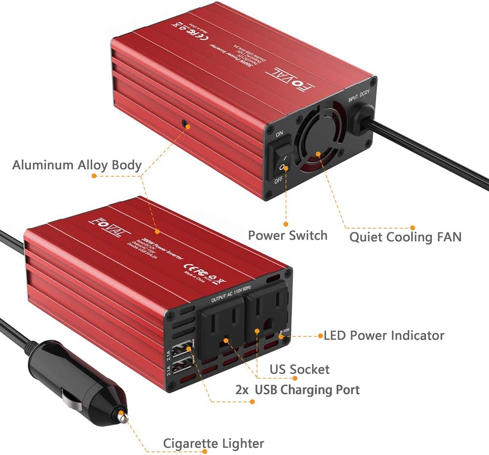 300W DC 12V to 110V AC Power Inverter with Dual USB Car Charger Pack of 2 D4310