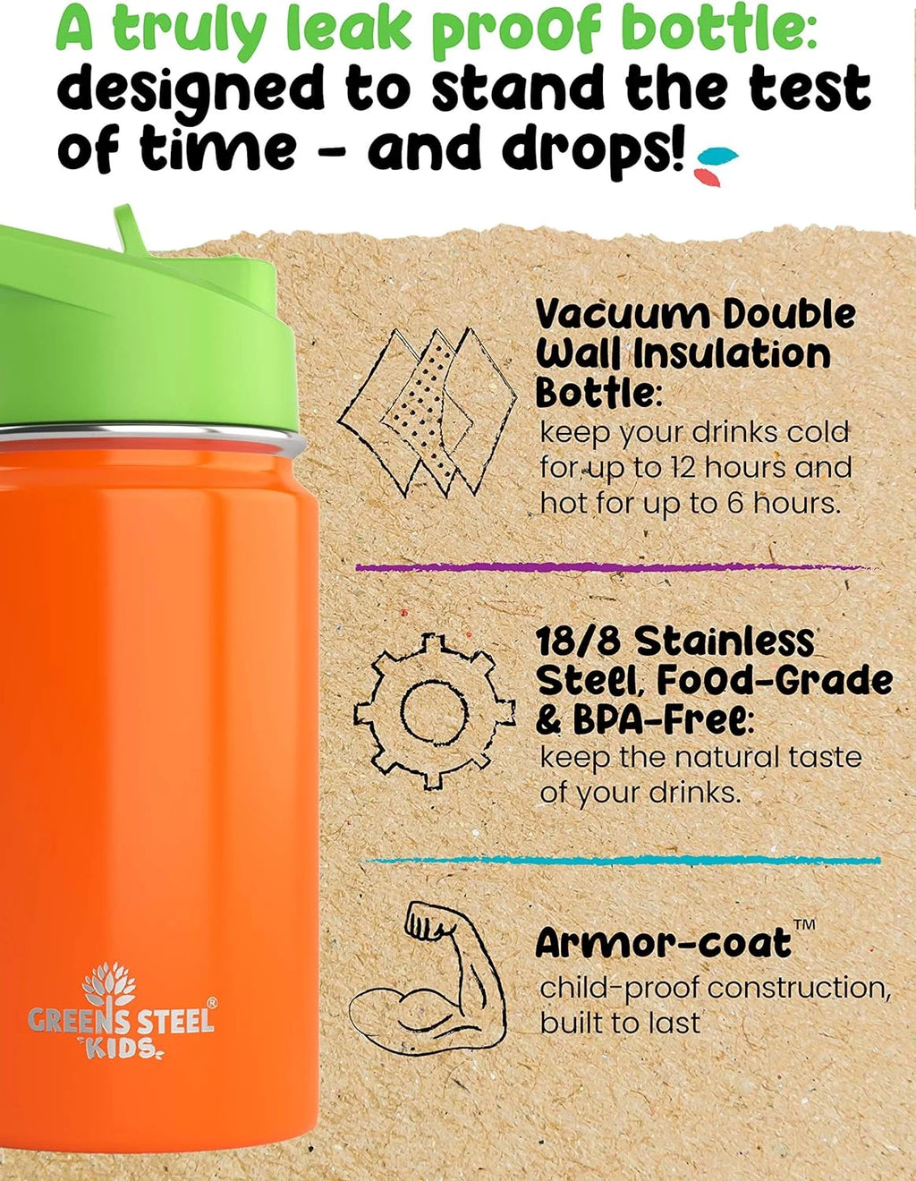 12oz Orange Insulated Double Wall Stainless Steel Kids Water Bottle with Straw T8232
