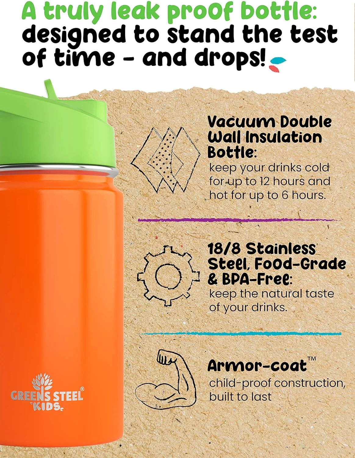 12oz Orange Insulated Double Wall Stainless Steel Kids Water Bottle with Straw T8232