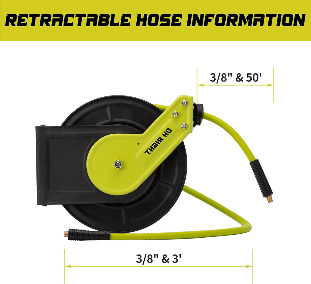 Retractable Air Hose Reel 3/8" 50ft+3ft, Hybrid Air Hose 300 PSI D2891