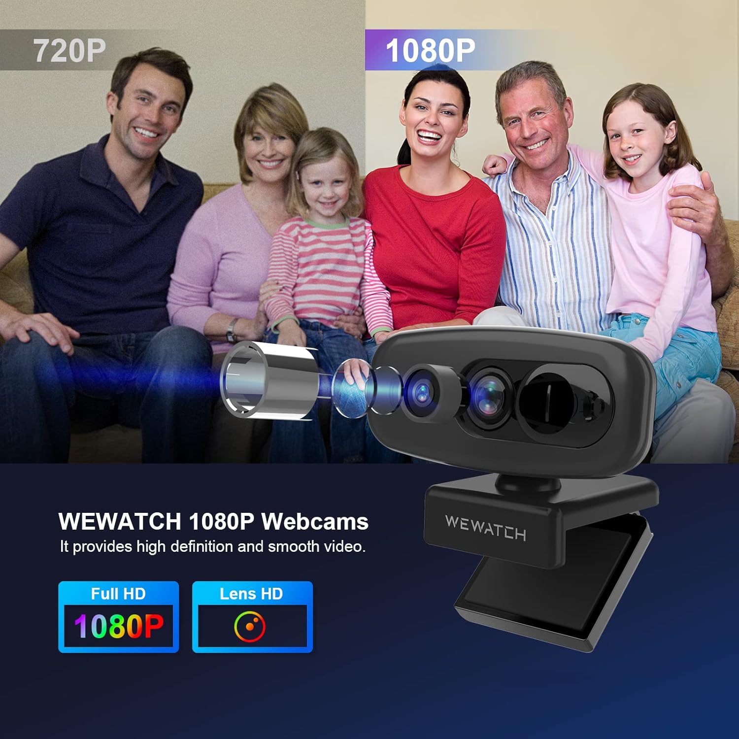 1080P Webcam with 2 Microphone, Auto Focus, USB, Low Light Correction J7699