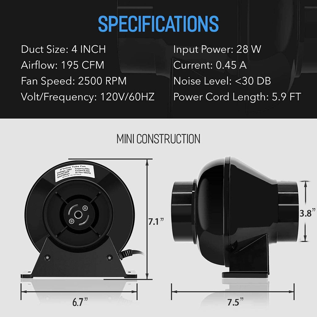 4 Inch 195 CFM Inline Fan with Carbon Filter and 8 Feet Ducting J66596