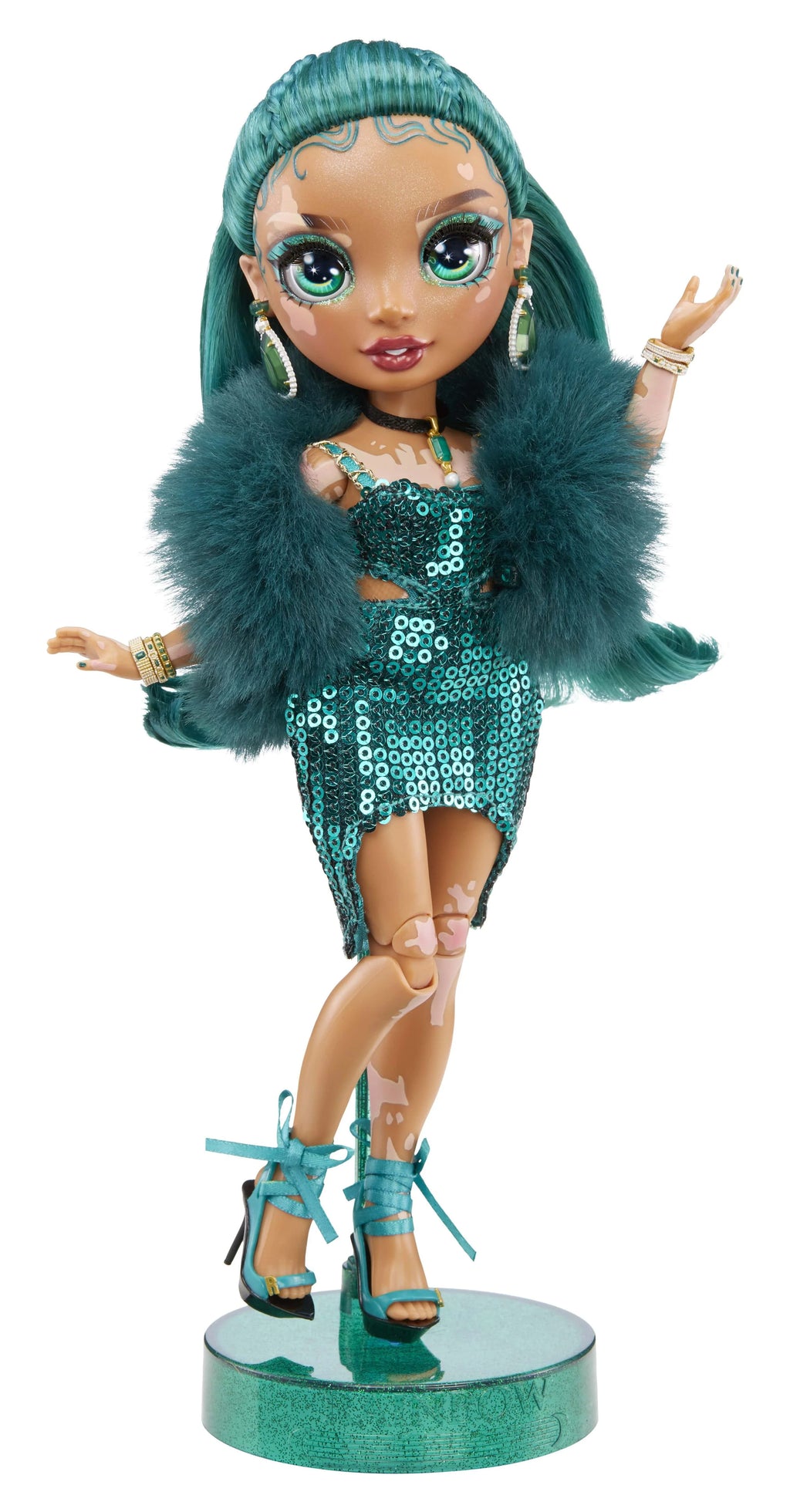 Emerald Green Fashion Doll with Vitiligo, 2 Designer Outfits with Accessories R365189