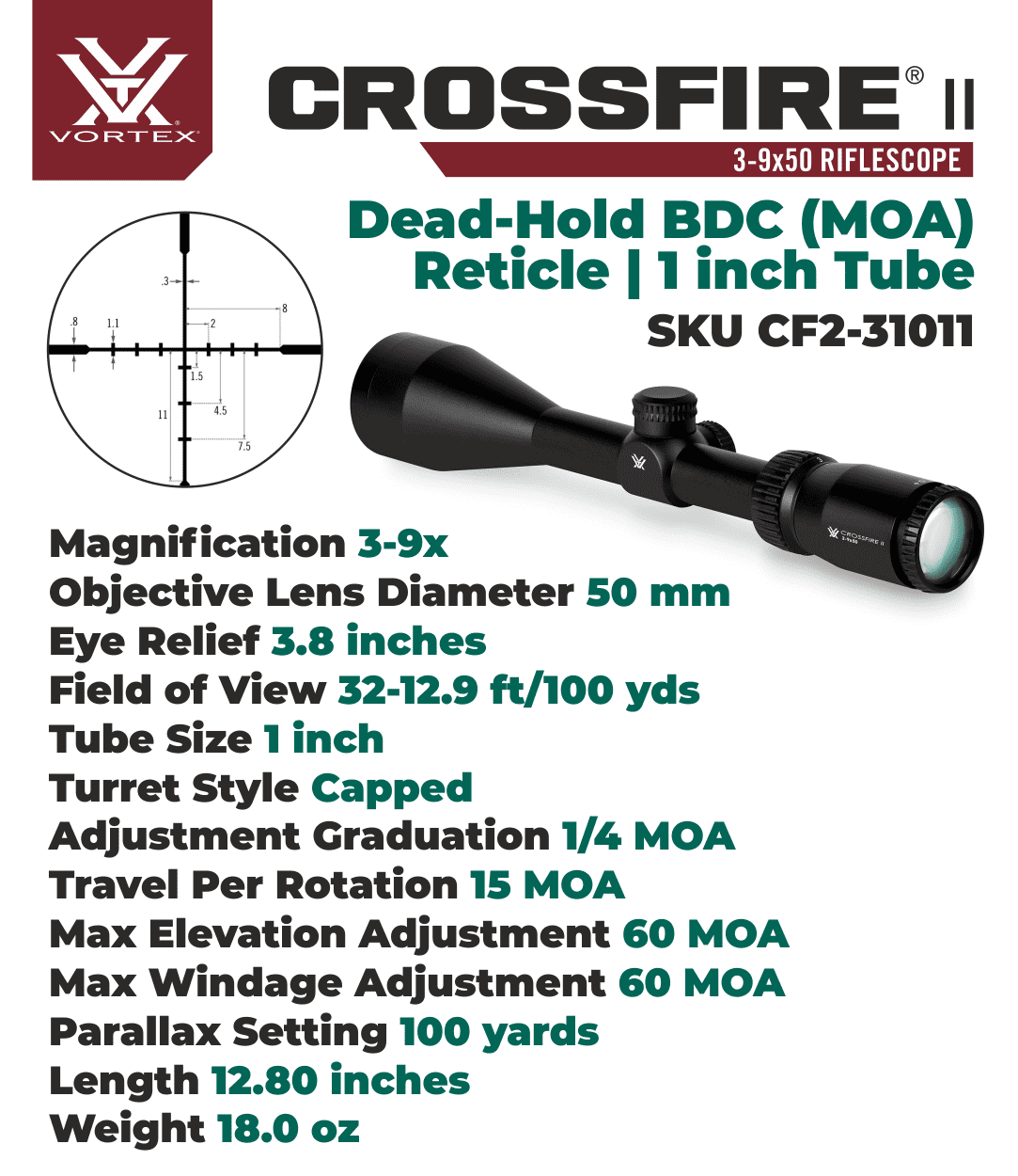 3-9x50 Dead-Hold BDC (MOA) Reticle, 1 inch Tube M68472
