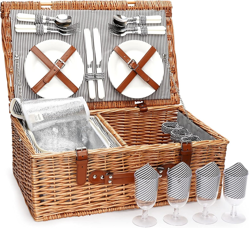 Large Willow Wicker Picnic Basket Set with Insulated Compartment X735