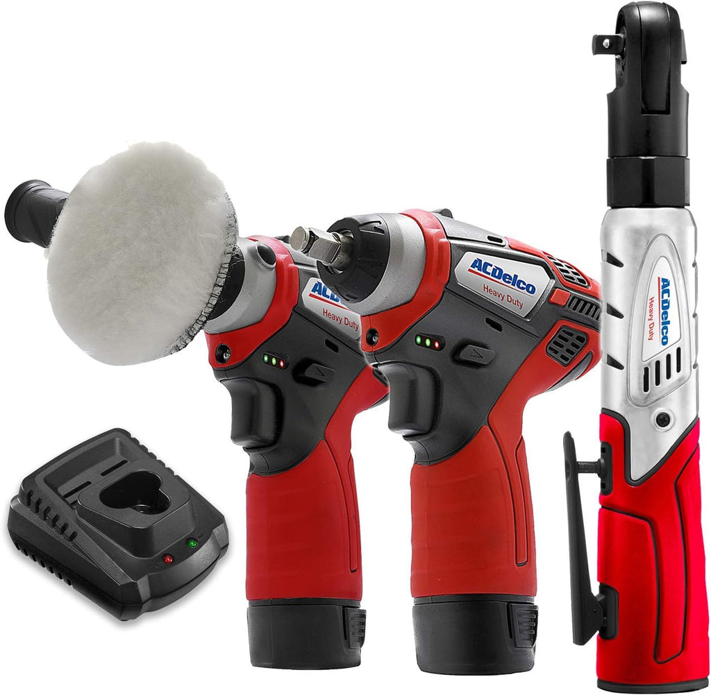 12V Cordless Li-ion Mini Polisher, Impact & Ratchet Wrench Combo Tool Kit with 2 Batteries D7423