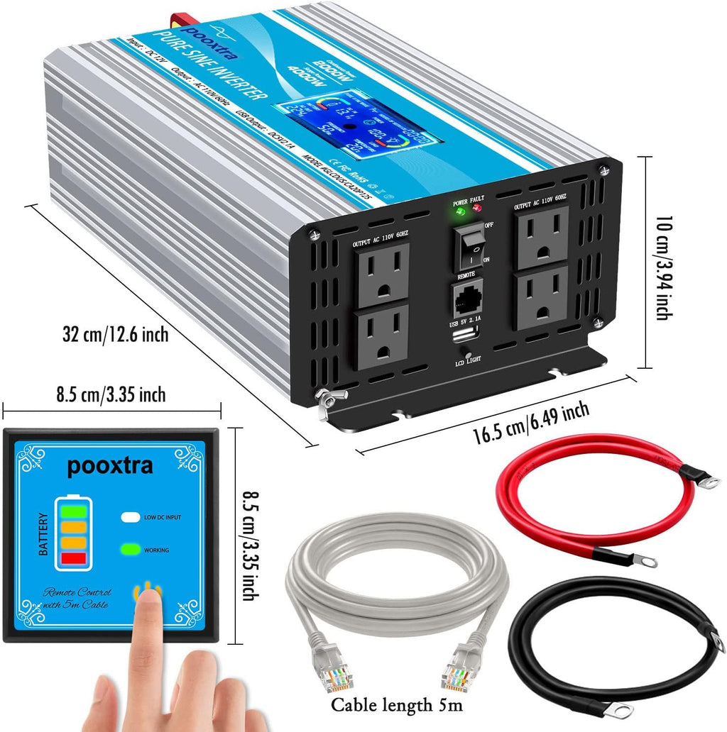2000 Watt Pure Sine Wave Power Inverter 12V DC to 110V AC with LCD Display USB Port 4 AC Outlets E5884