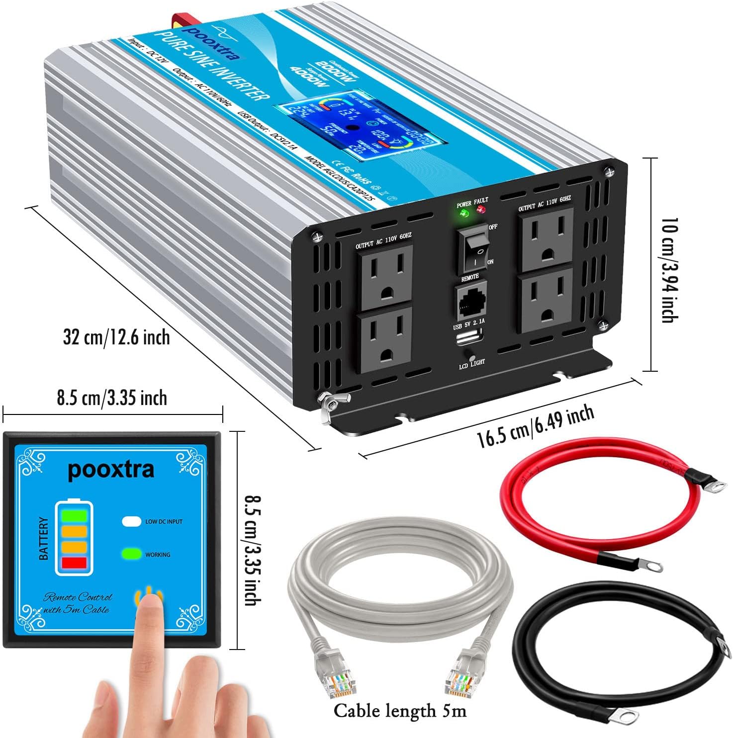2000 Watt Pure Sine Wave Power Inverter 12V DC to 110V AC with LCD Display USB Port 4 AC Outlets E5884