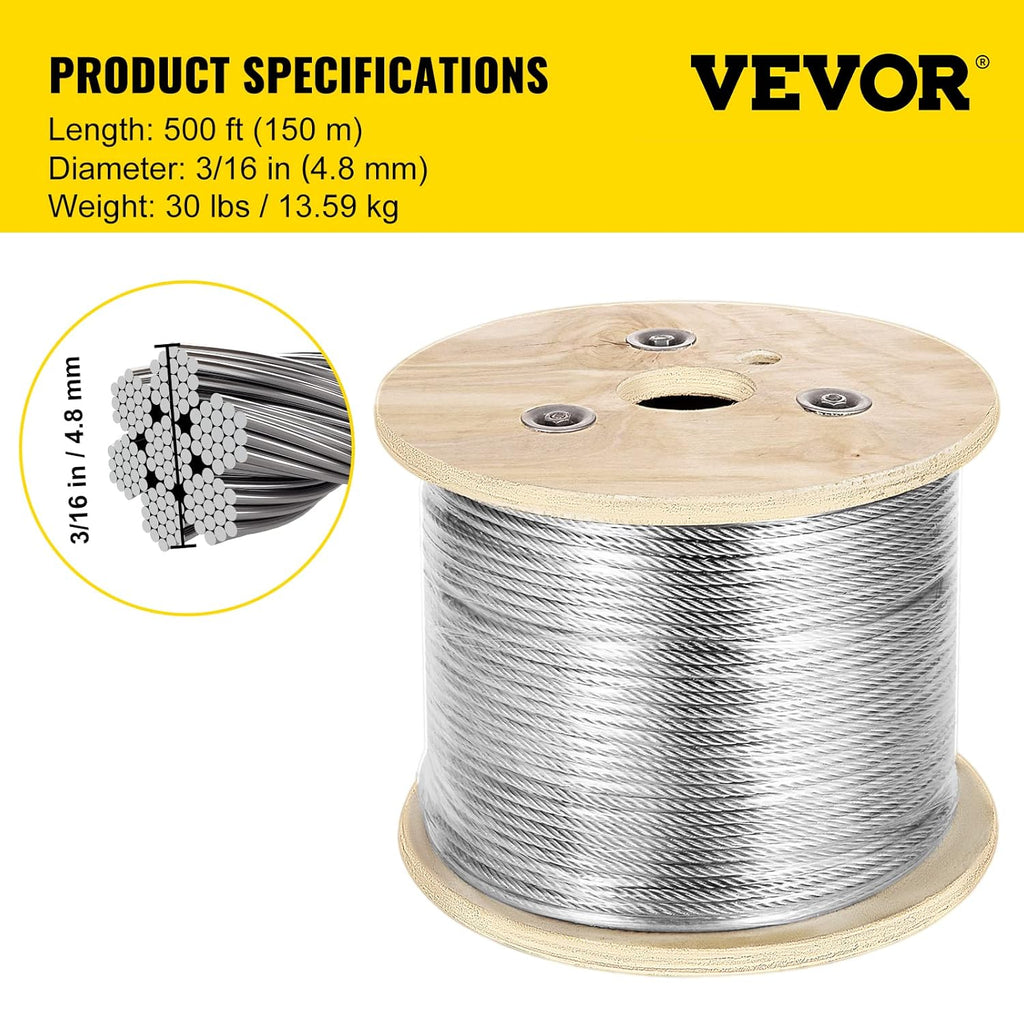 3/16 Inch 7x19 Stainless Steel Aircraft Cable Reel 500FT T304 Wire Rope I981
