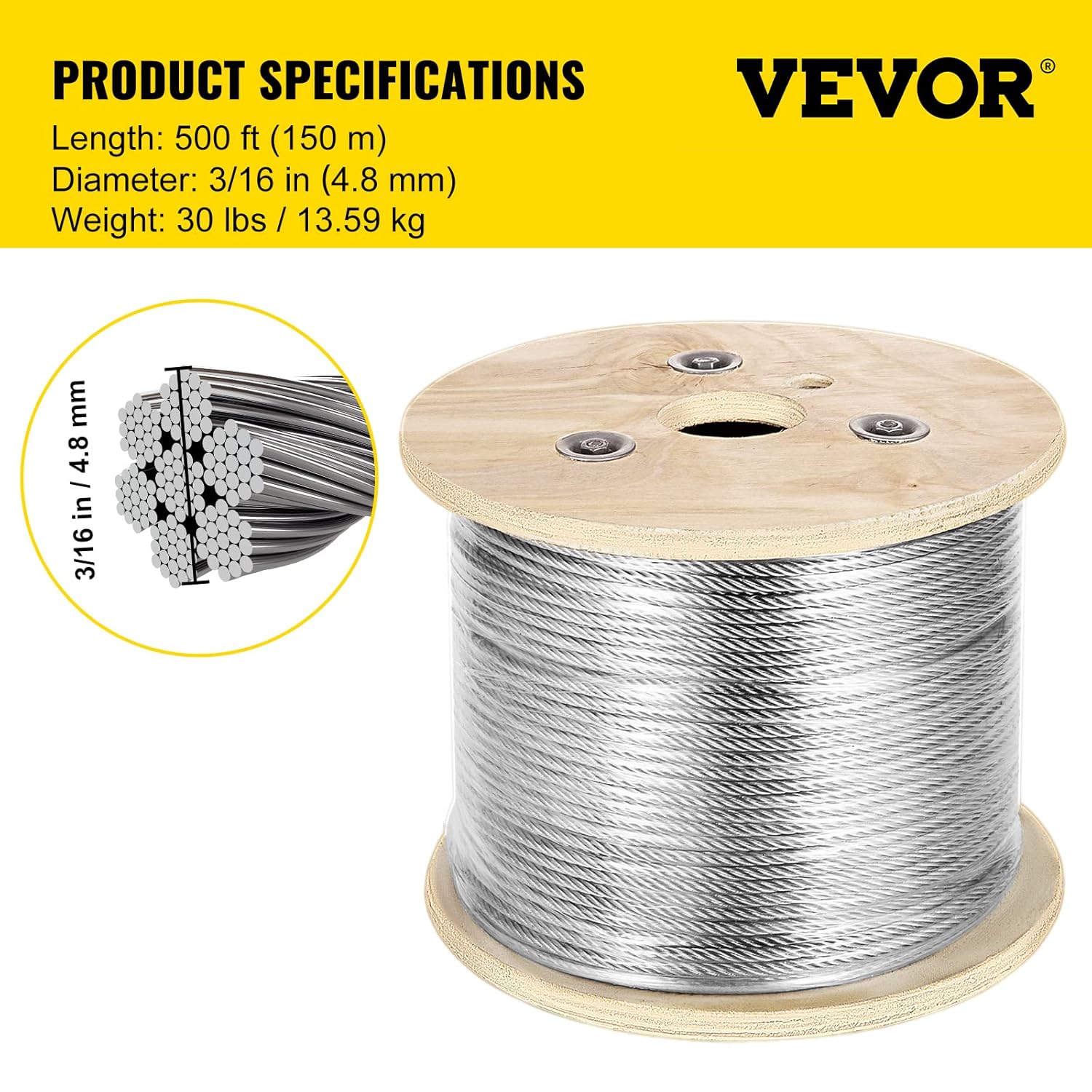 3/16 Inch 7x19 Stainless Steel Aircraft Cable Reel 500FT T304 Wire Rope I981