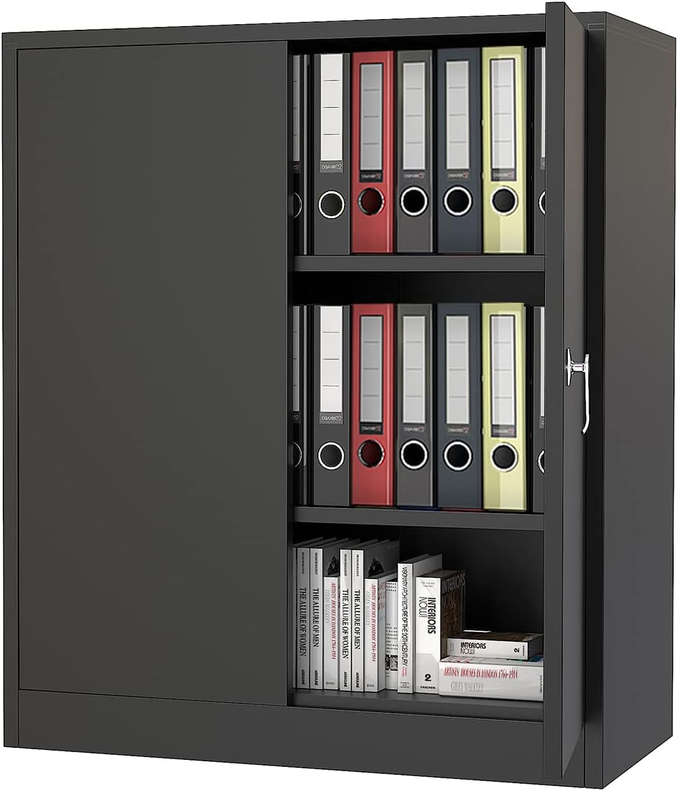 Black Steel Lockable Garage Storage Cabinet with Doors and Shelves L31914