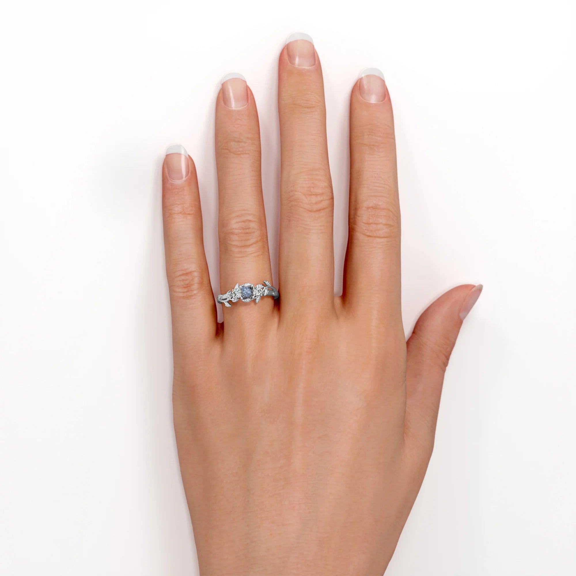 Three Stone Engagement Ring with Princess Cut Salt and Pepper Diamond and Moissanite F981468