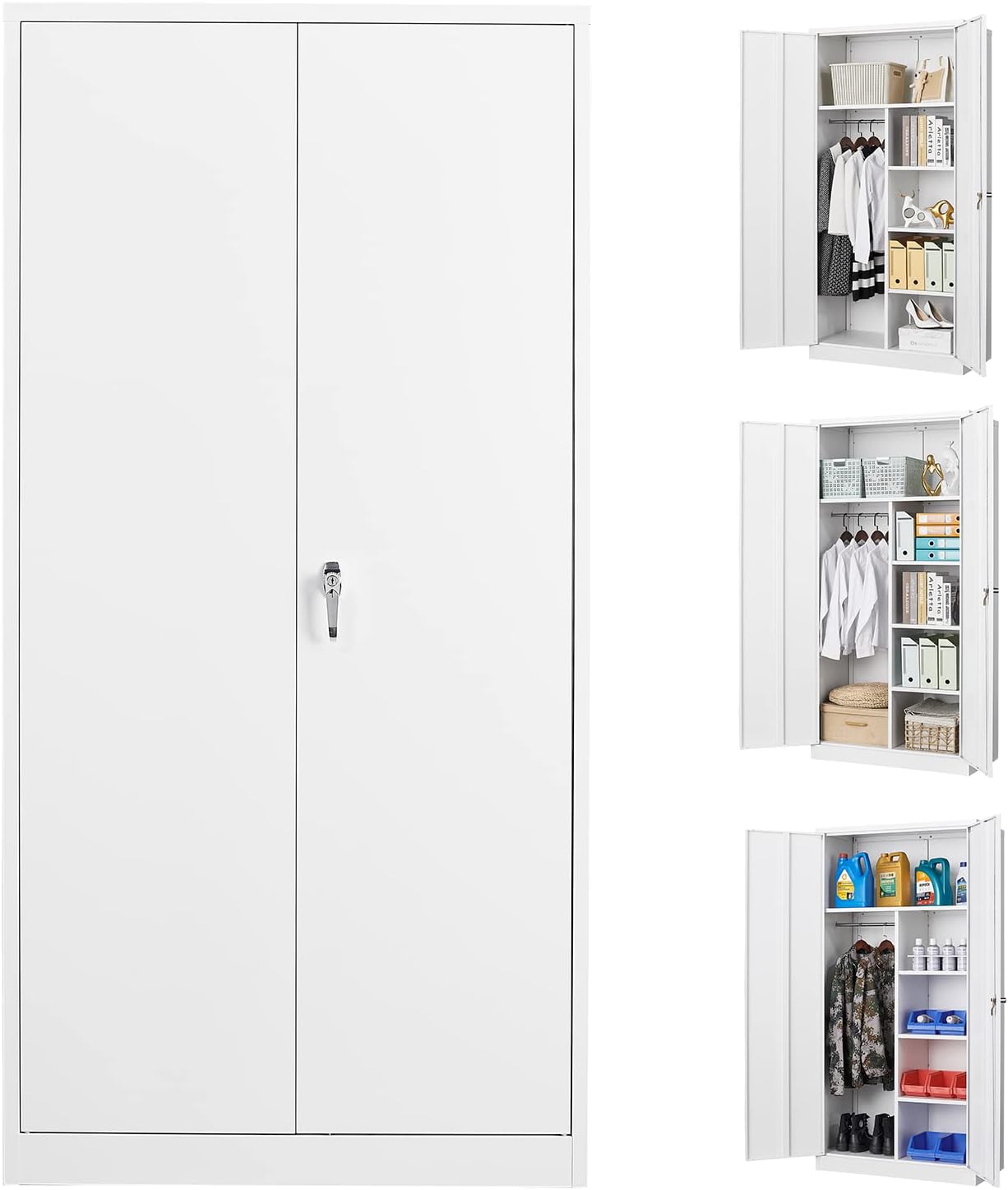 Metal Locker Storage Cabinets, 72" White Tall Steel Wardrobe with Hanging Rod, Shelves and Lockable Doors Q897841