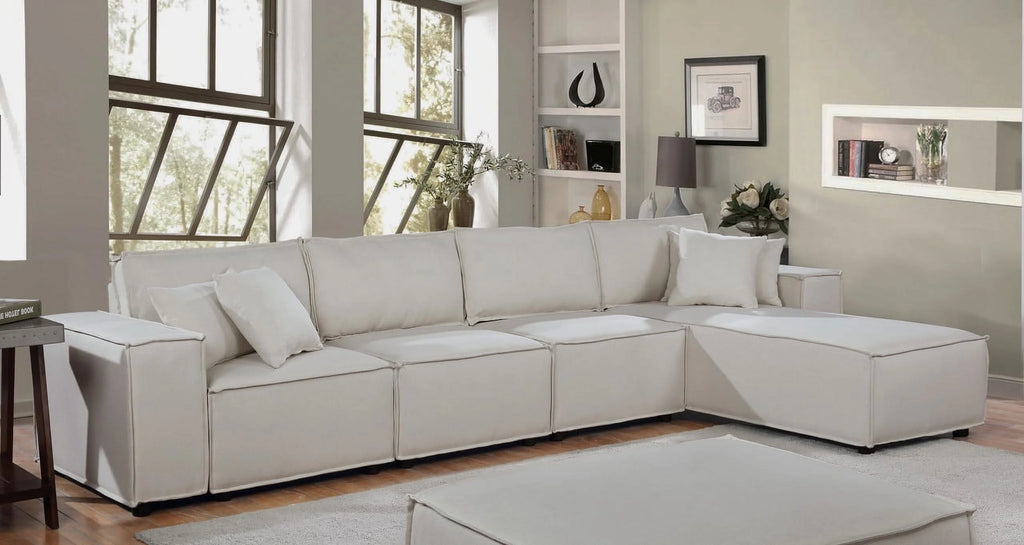 Cream Beige Linen Sofa with Reversible Chaise T80699