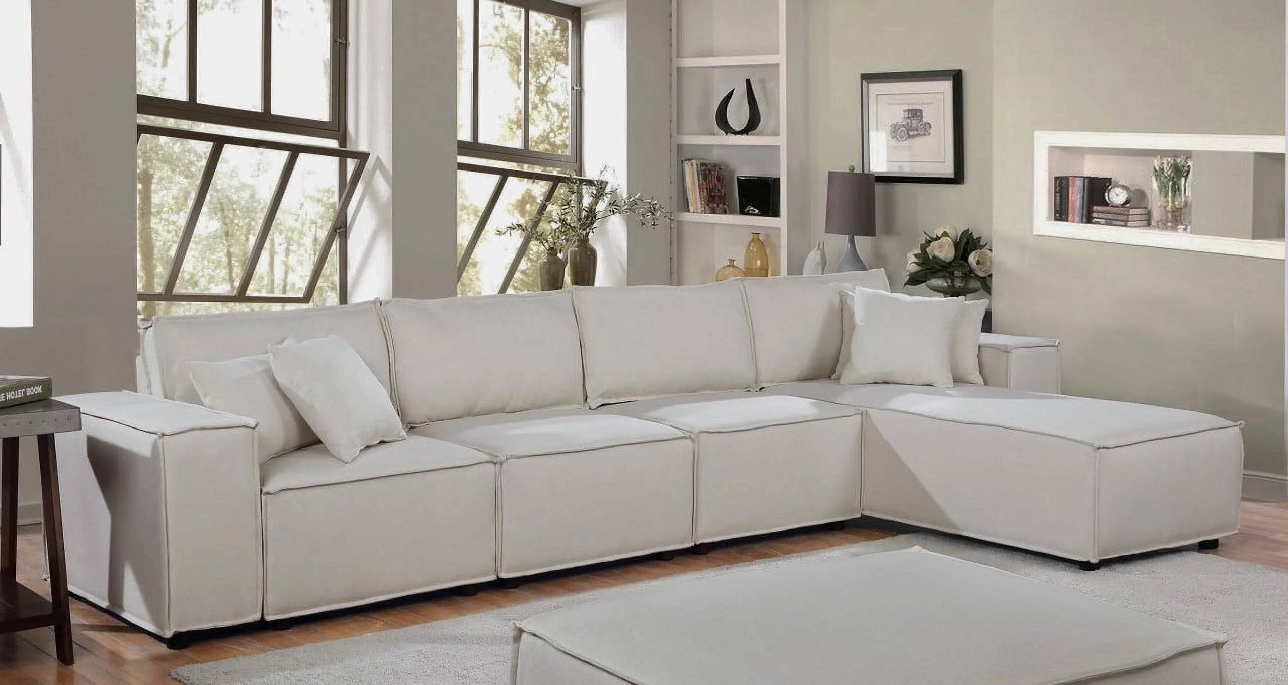 Cream Beige Linen Sofa with Reversible Chaise T80699