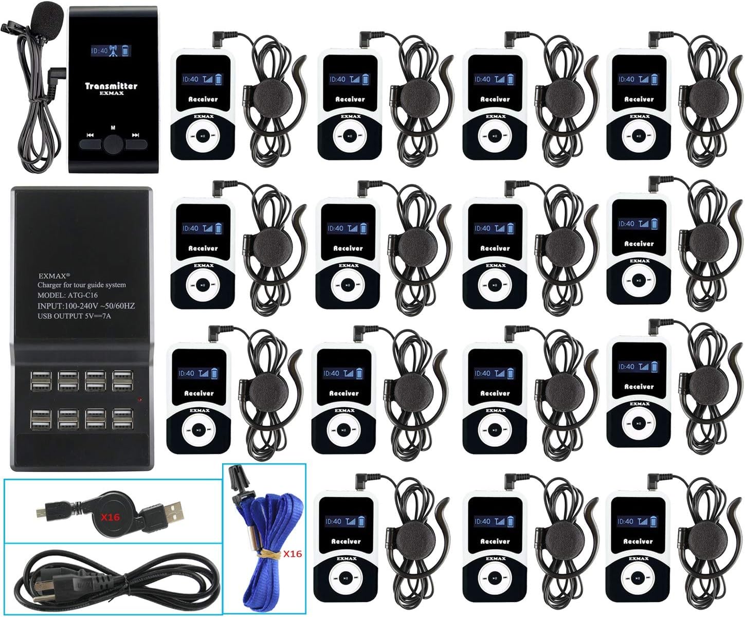 1 Transmitter 15 Receivers Wireless Tour Guide System with Charge Station X3431