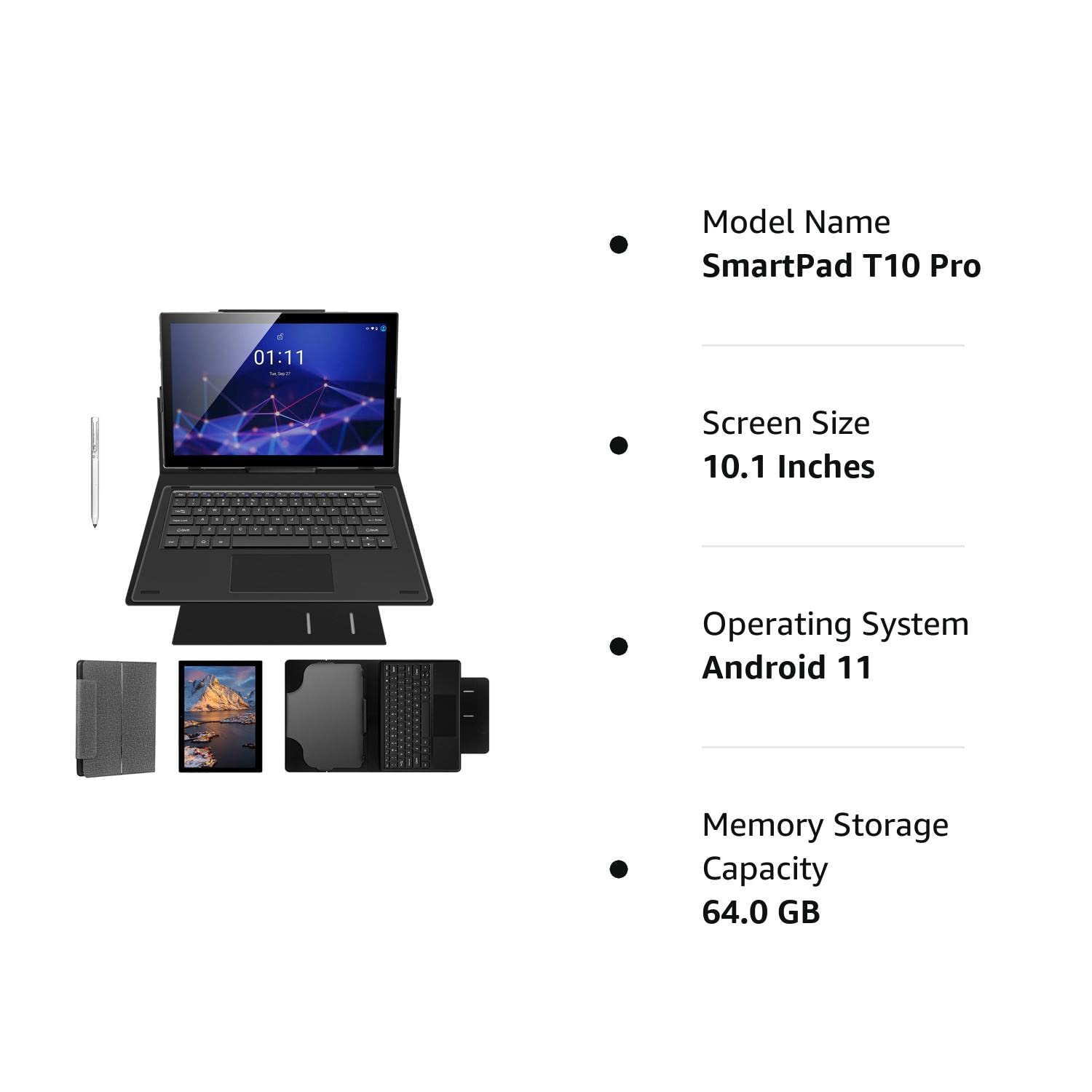 10.1 inch 2 in 1 Android 12 Tablet with Docking Keyboard Case, 4GB RAM 64GB ROM, 1920x1200 Full HD, Octa-Core Processor, 7000mAh Battery, Gray I990