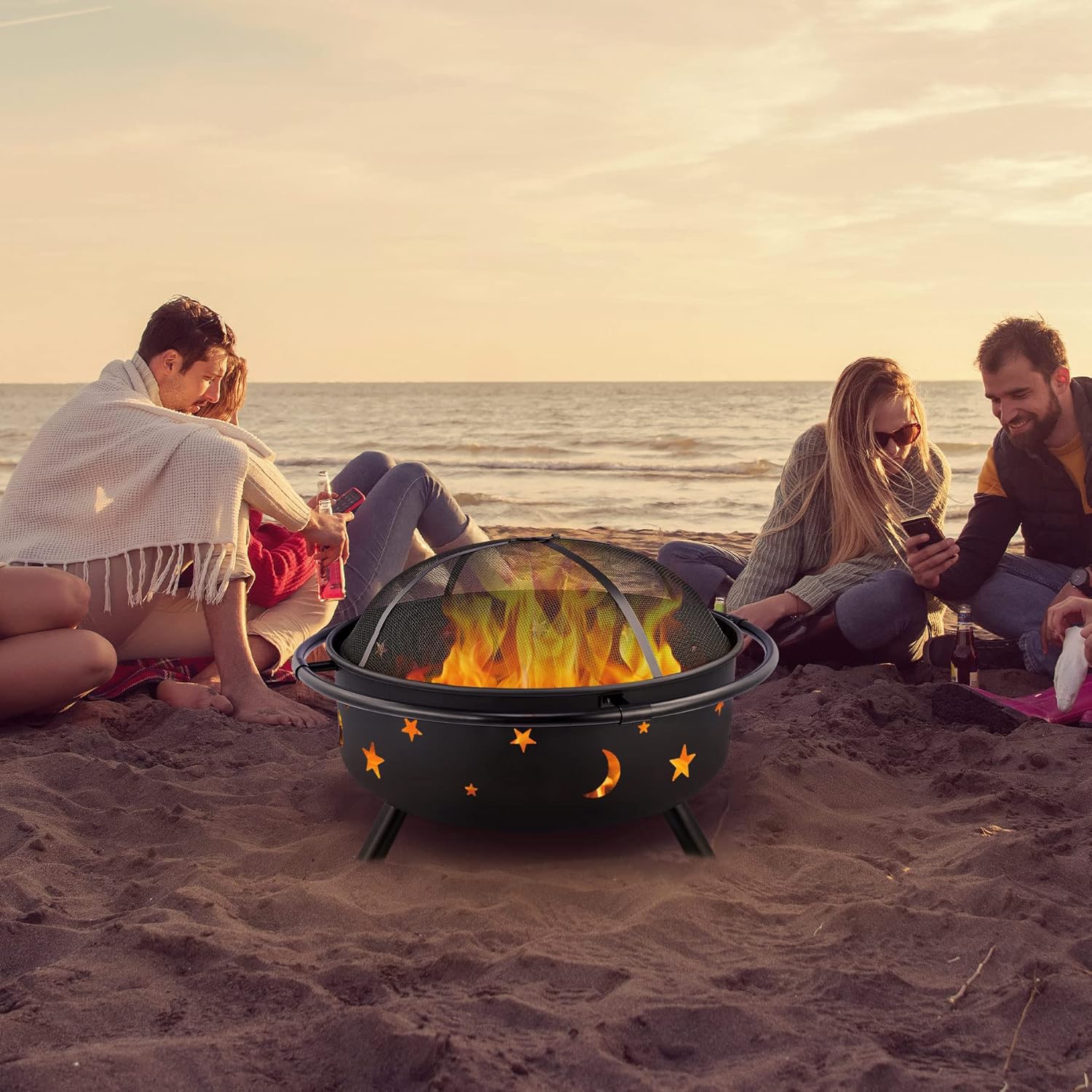 36 Inch Wood Burning Fire Pit with Spark Screen Poker Waterproof Cover Q2333