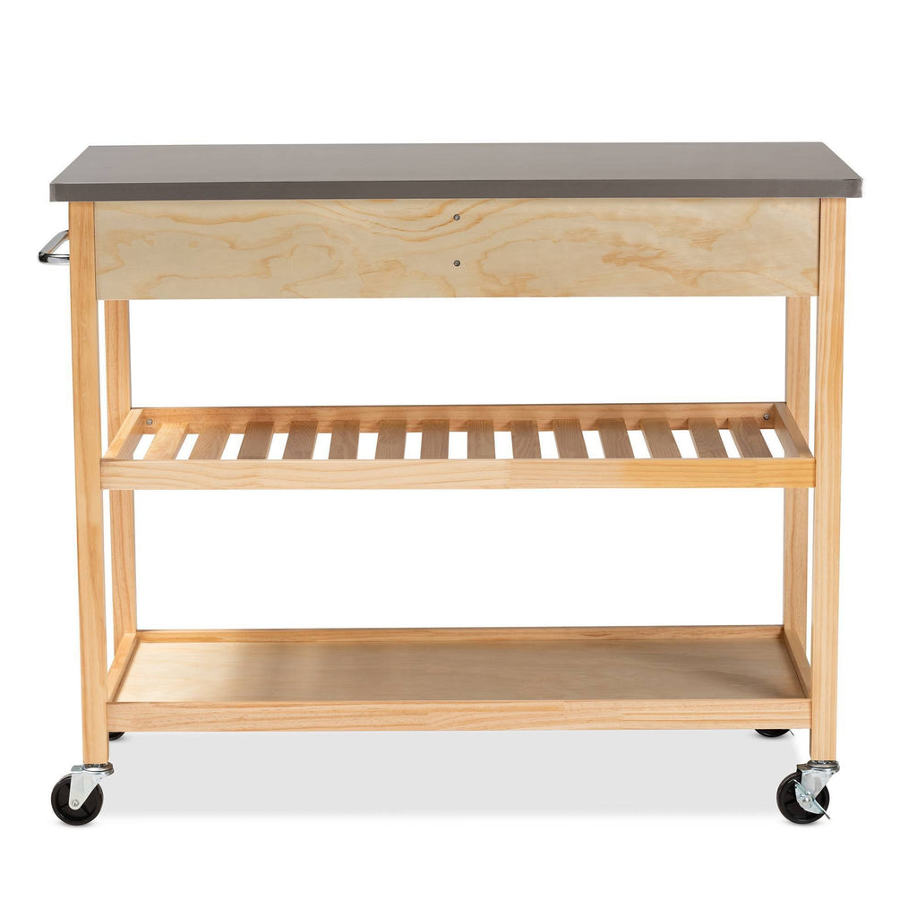 Pine Wood and Stainless Steel 2-Drawer Kitchen Island Utility Storage Cart Q111