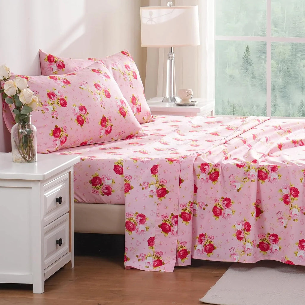Pink Floral 4 Piece California King Microfiber Sheet Set V369011