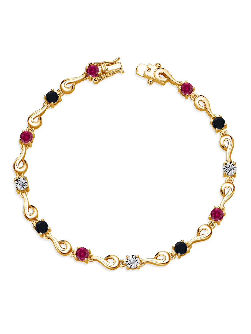 18K Yellow Gold Plated Silver Red Created Ruby Black Onyx White Lab Grown Diamond Bracelet I711