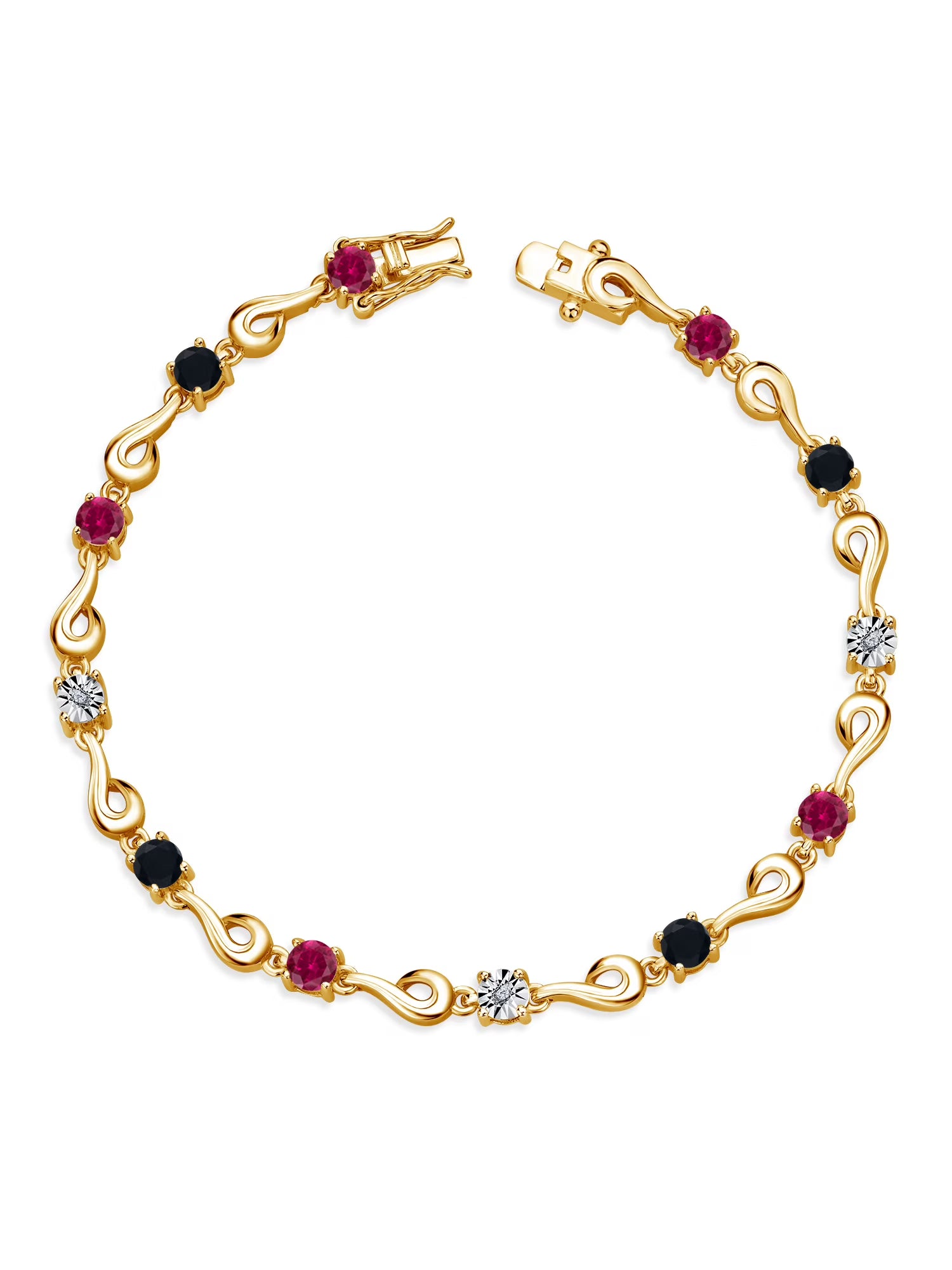 18K Yellow Gold Plated Silver Red Created Ruby Black Onyx White Lab Grown Diamond Bracelet I711