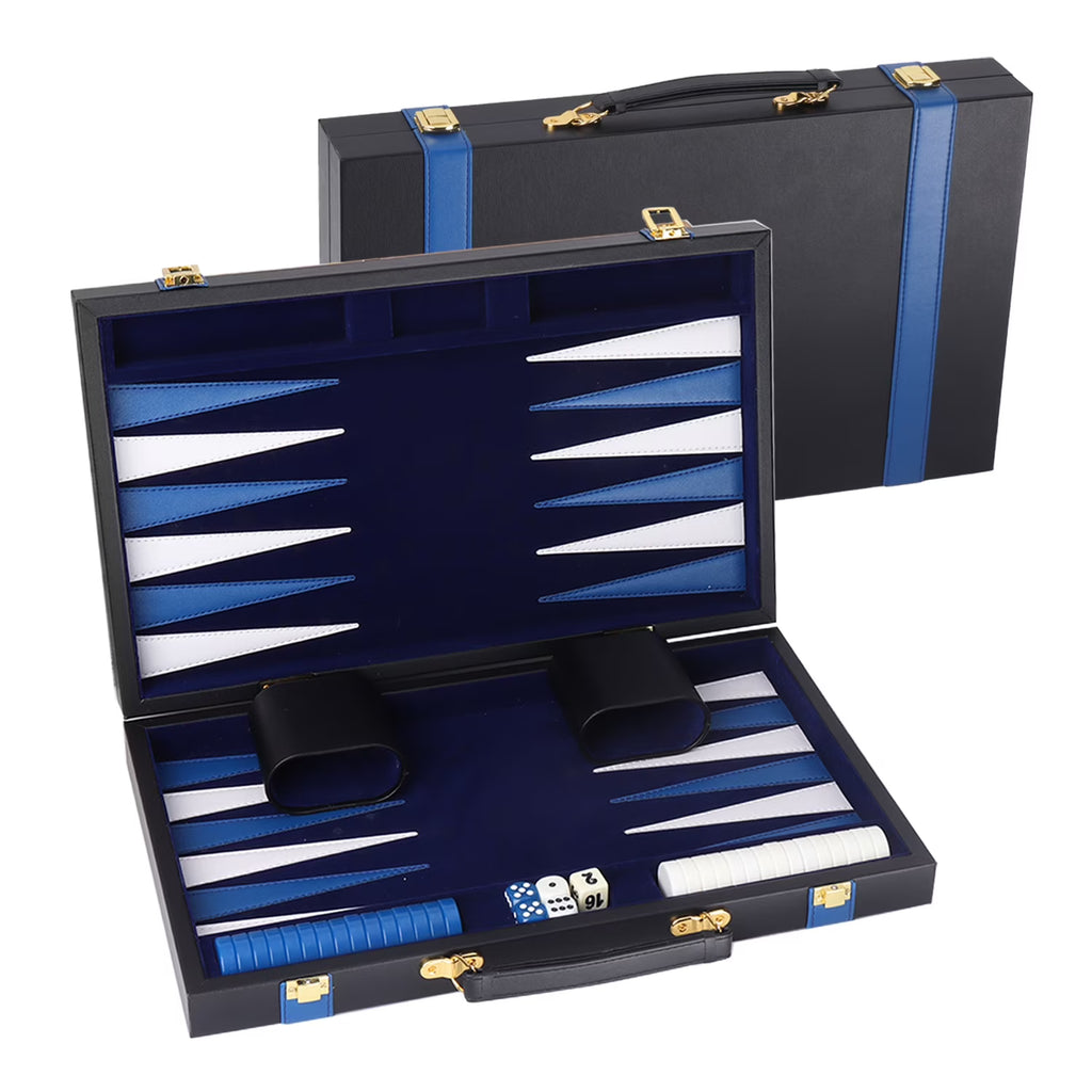 Black & Blue Leather Folding Backgammon Board Game Set M4350