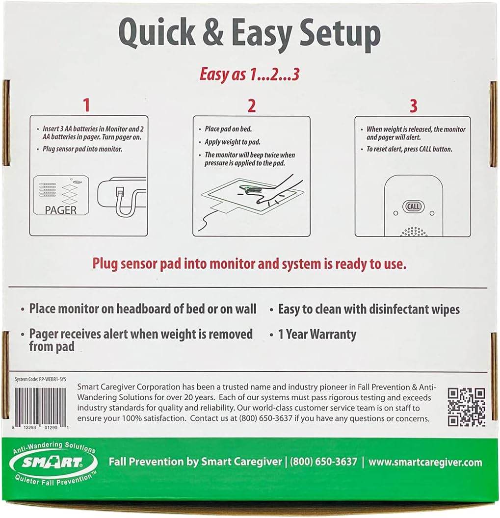Wireless Fall Alert with 10in x 30in Bed Pad and Caregiver Pager E895569