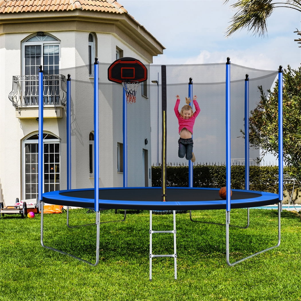 10FT Trampoline with Basketball Hoop Inflator and Ladder, Safety Enclosure Net, Blue E481102