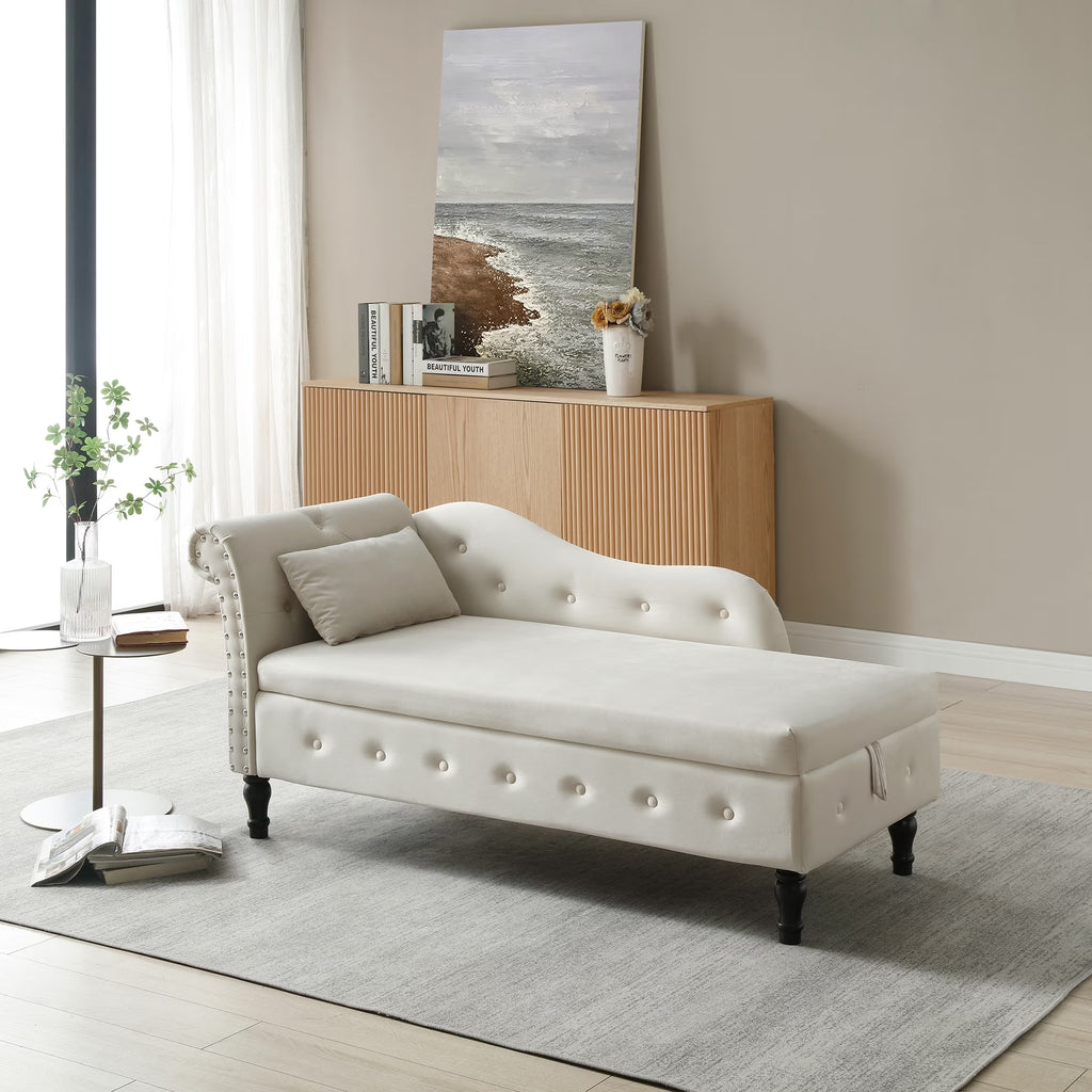 Beige Velvet Storage Chaise Lounge with 1 Pillow U8253