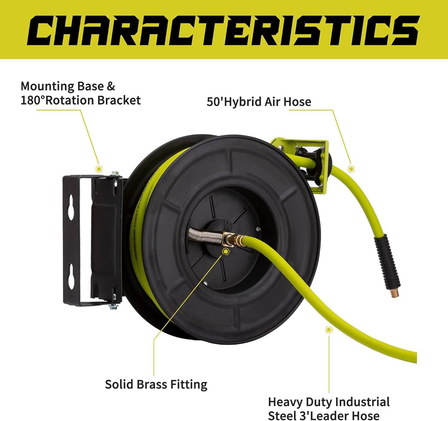 Retractable Air Hose Reel 3/8" 50ft+3ft, Hybrid Air Hose 300 PSI D2891