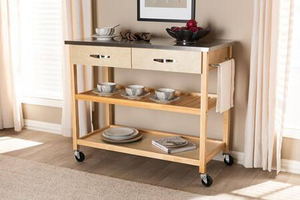 Pine Wood and Stainless Steel 2-Drawer Kitchen Island Utility Storage Cart Q111