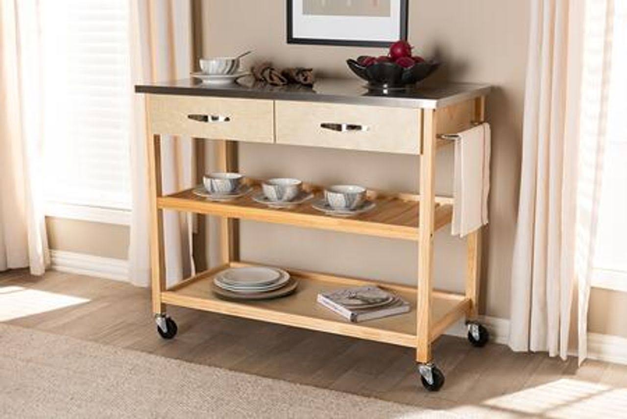 Pine Wood and Stainless Steel 2-Drawer Kitchen Island Utility Storage Cart Q111