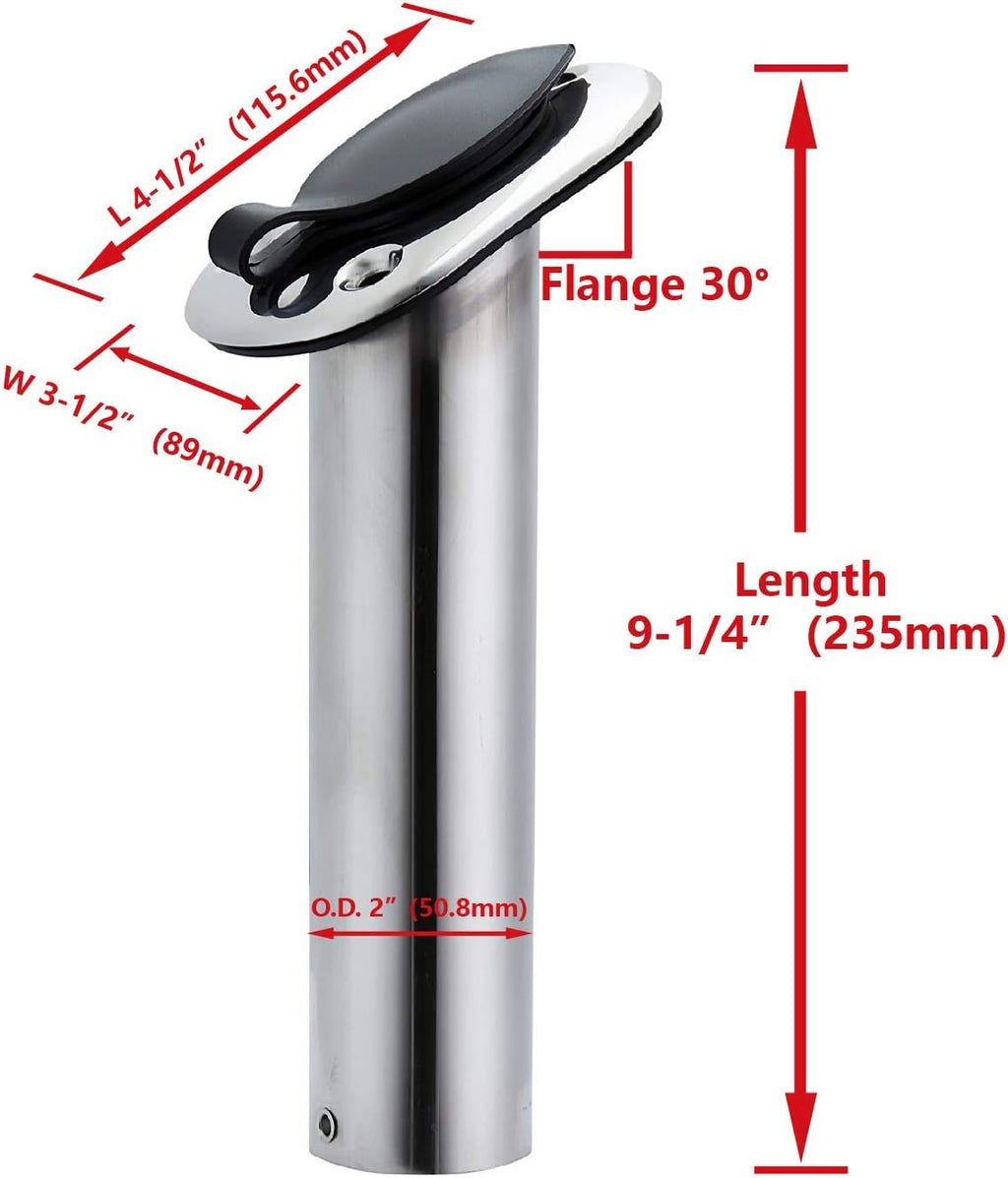 Stainless Steel 30 Degree Flush Mount Boat Fishing Rod Holder with Rubber Cap, PVC Liner & Gasket Pack of 2 Q6843
