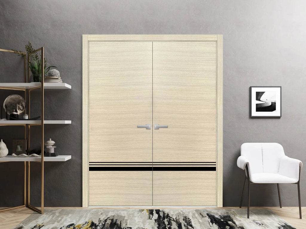 Solid French Double Doors 48 x 84 inches Natural Veneer with Frosted Glass Wood Solid Panel Frame Trims Y1118