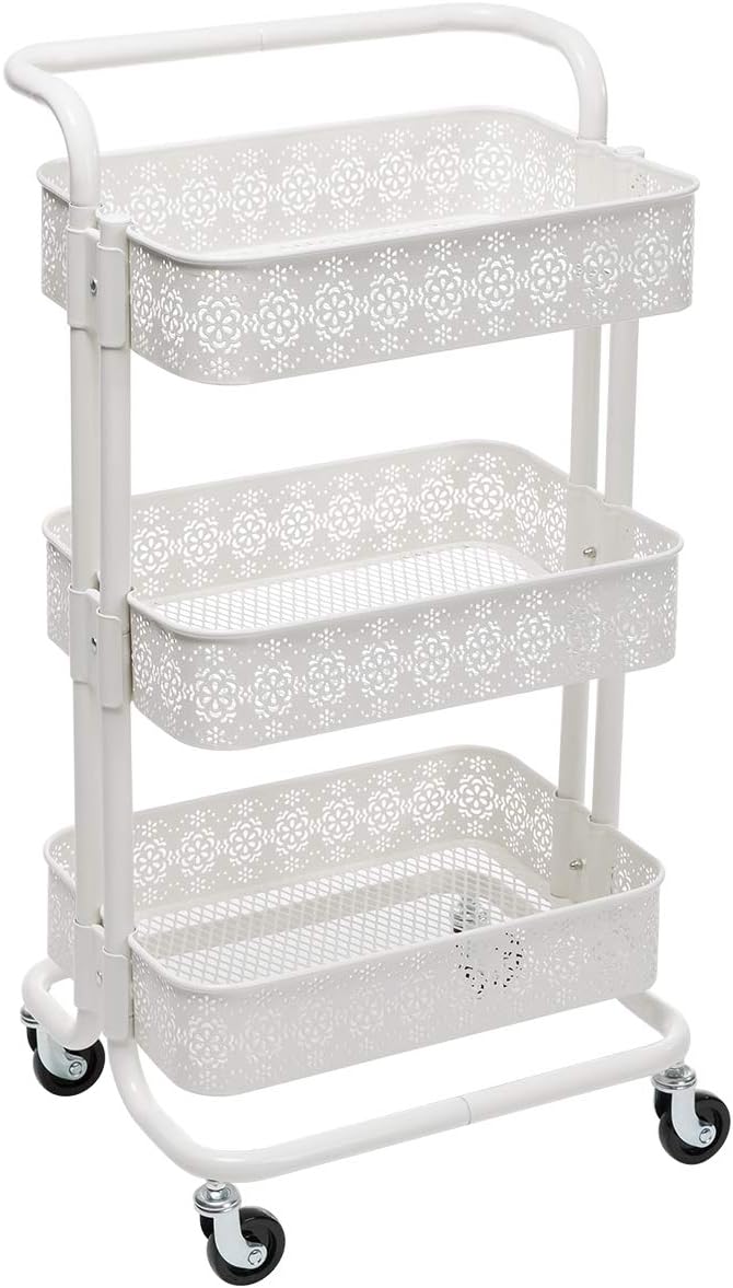 White 3-Tier Mesh Metal Utility Cart with Handle Z856