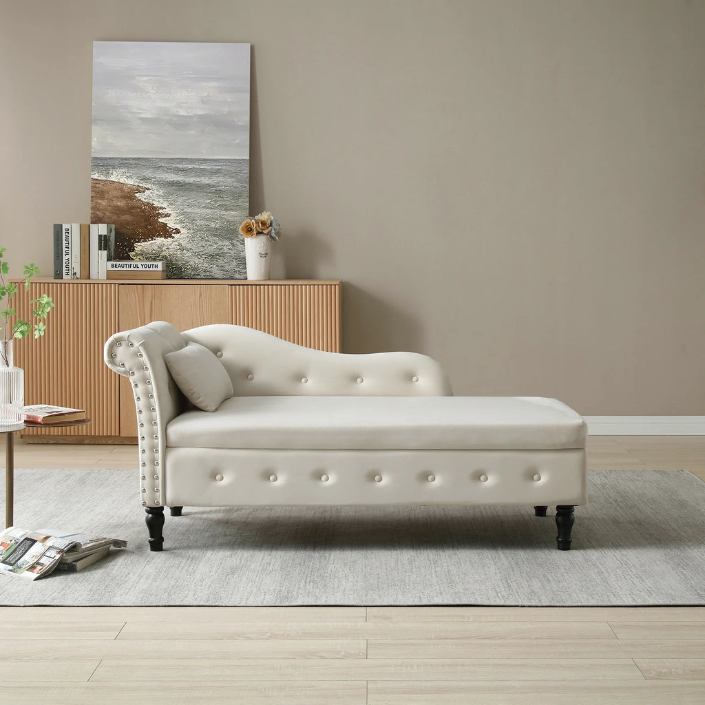 Beige Velvet Storage Chaise Lounge with 1 Pillow U8253