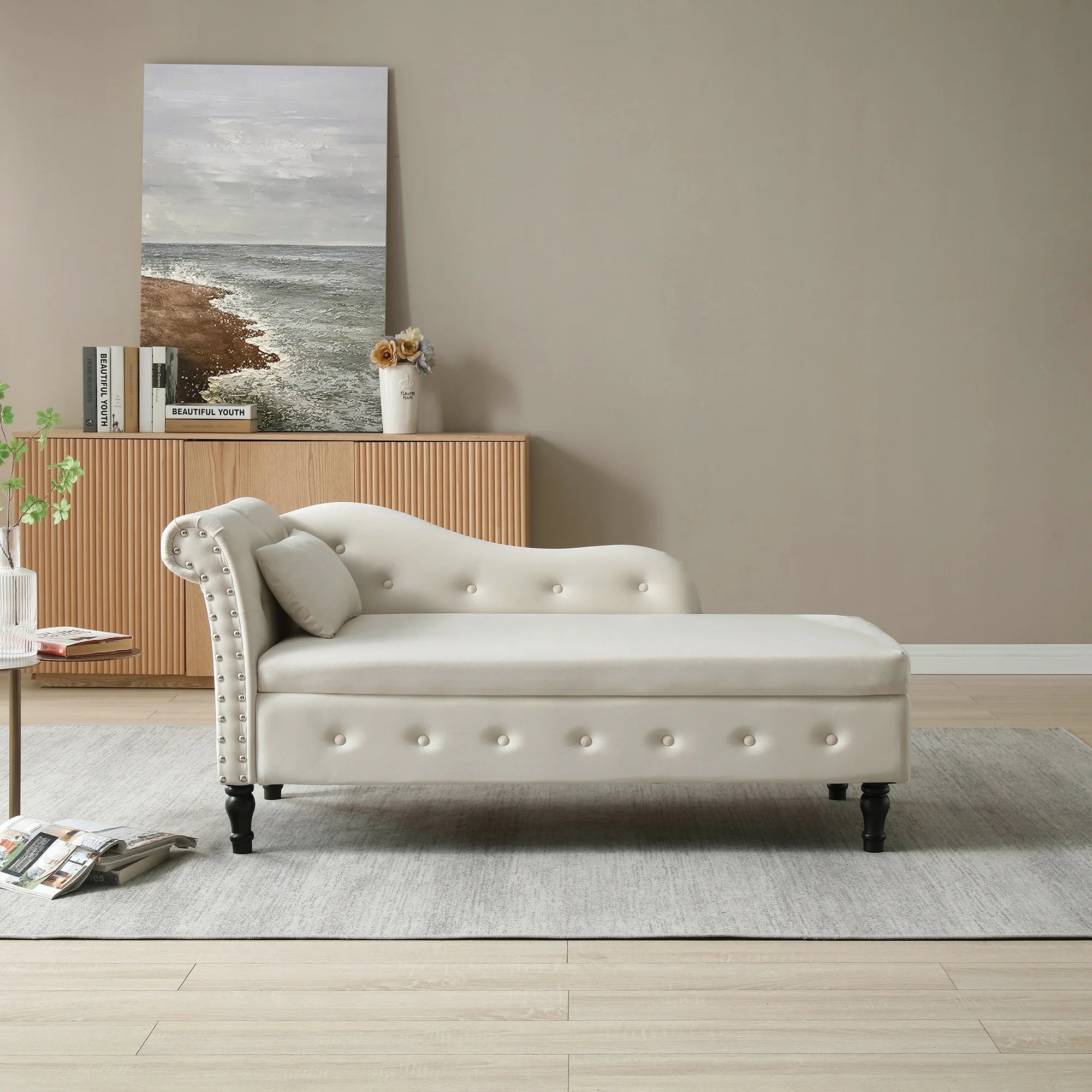 Beige Velvet Storage Chaise Lounge with 1 Pillow U8253