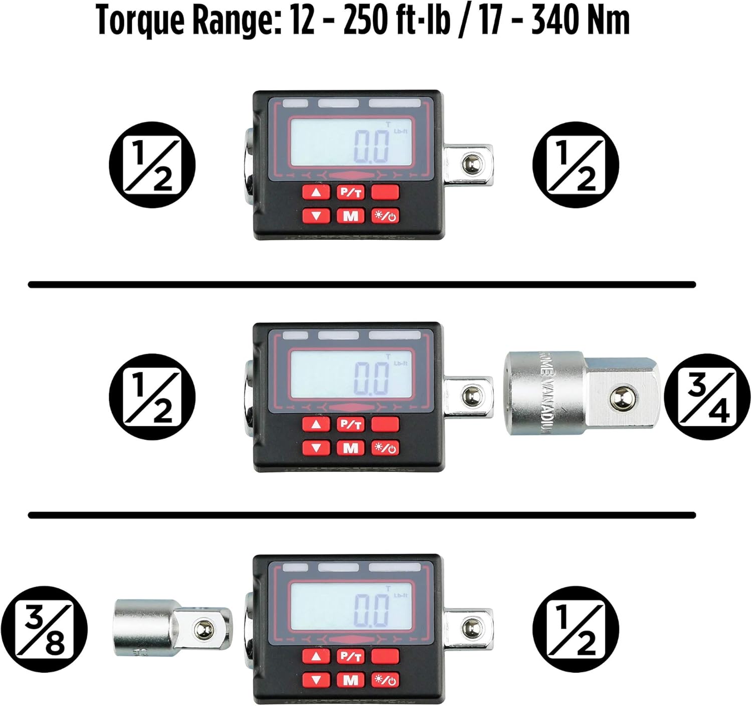 Digital Torque Adapter 1/2-Inch 12 to 250 ft·lbs Pack of 2 Z4948